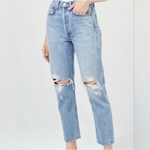 Agolde Riley Crop Jeans High Rise Light Wash Distressed Knees Size 24 Women's
